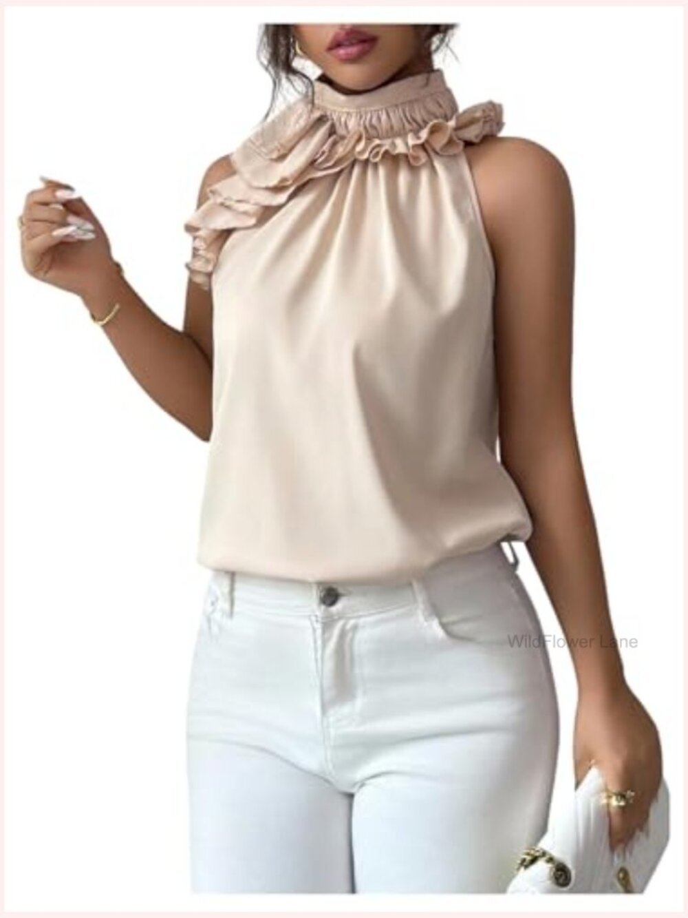 Elegant Blouse Ruffle Trim Sleeveless Mock Neck Halter Tank Top Office Outfit - Picture 2 of 6